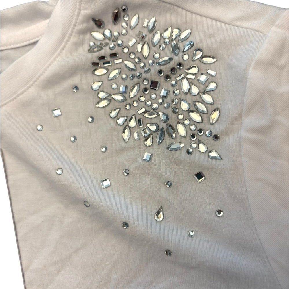 Parker + Rowe White T-Shirt Top Short Sleeve Womens Large Silver Rhinestones NEW